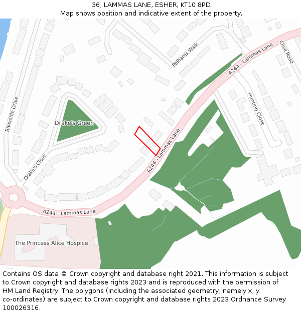 36, LAMMAS LANE, ESHER, KT10 8PD: Location map and indicative extent of plot