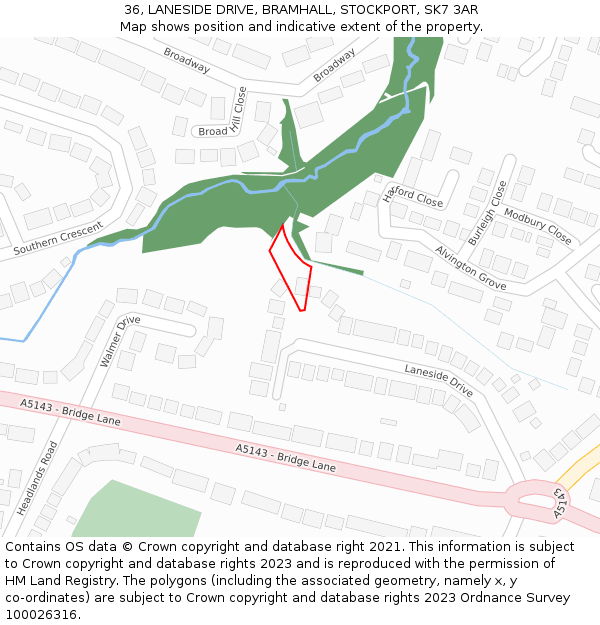 36, LANESIDE DRIVE, BRAMHALL, STOCKPORT, SK7 3AR: Location map and indicative extent of plot