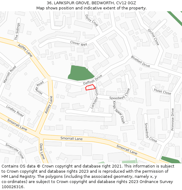 36, LARKSPUR GROVE, BEDWORTH, CV12 0GZ: Location map and indicative extent of plot