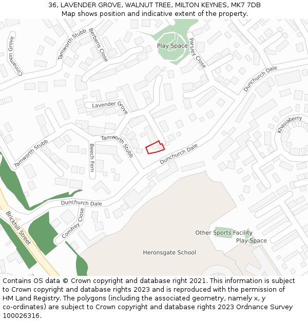 36, LAVENDER GROVE, WALNUT TREE, MILTON KEYNES, MK7 7DB: Location map and indicative extent of plot