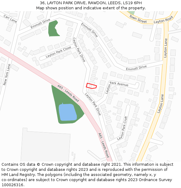 36, LAYTON PARK DRIVE, RAWDON, LEEDS, LS19 6PH: Location map and indicative extent of plot