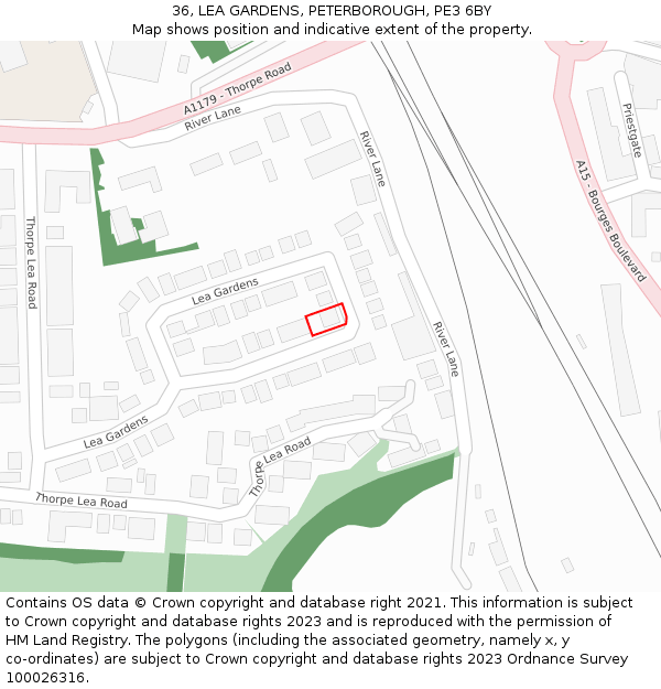 36, LEA GARDENS, PETERBOROUGH, PE3 6BY: Location map and indicative extent of plot