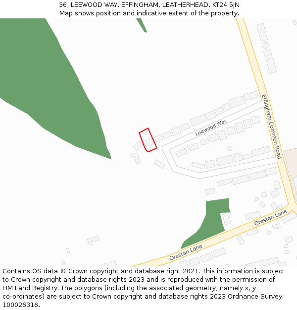 36, LEEWOOD WAY, EFFINGHAM, LEATHERHEAD, KT24 5JN: Location map and indicative extent of plot