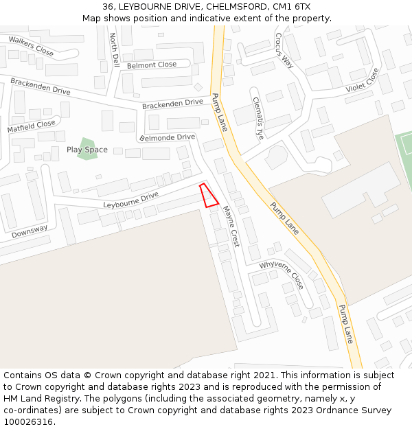 36, LEYBOURNE DRIVE, CHELMSFORD, CM1 6TX: Location map and indicative extent of plot