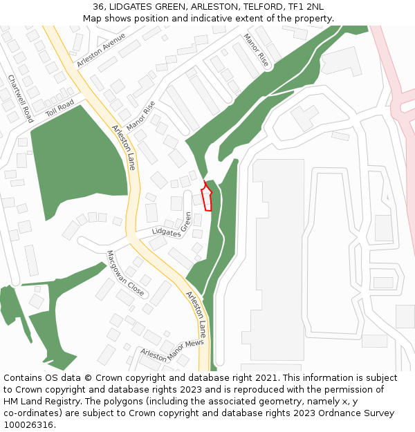 36, LIDGATES GREEN, ARLESTON, TELFORD, TF1 2NL: Location map and indicative extent of plot