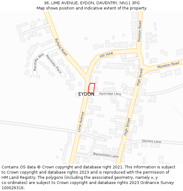 36, LIME AVENUE, EYDON, DAVENTRY, NN11 3PG: Location map and indicative extent of plot