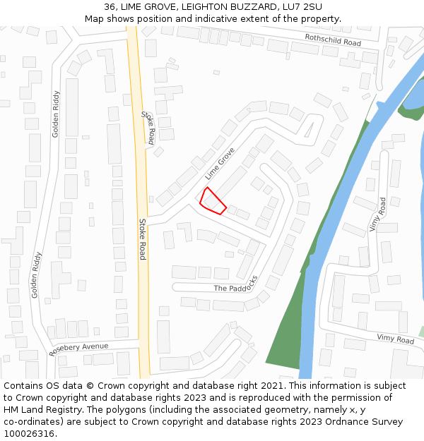 36, LIME GROVE, LEIGHTON BUZZARD, LU7 2SU: Location map and indicative extent of plot