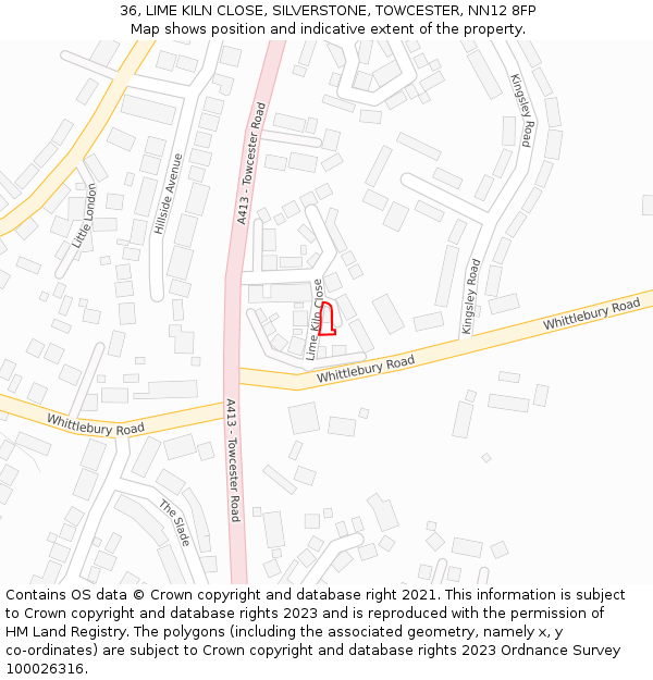 36, LIME KILN CLOSE, SILVERSTONE, TOWCESTER, NN12 8FP: Location map and indicative extent of plot