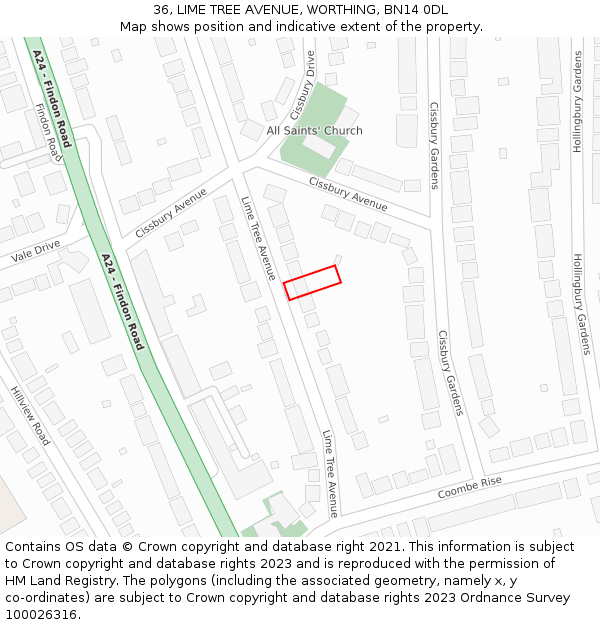 36, LIME TREE AVENUE, WORTHING, BN14 0DL: Location map and indicative extent of plot