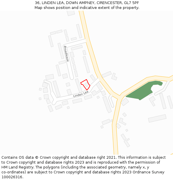 36, LINDEN LEA, DOWN AMPNEY, CIRENCESTER, GL7 5PF: Location map and indicative extent of plot