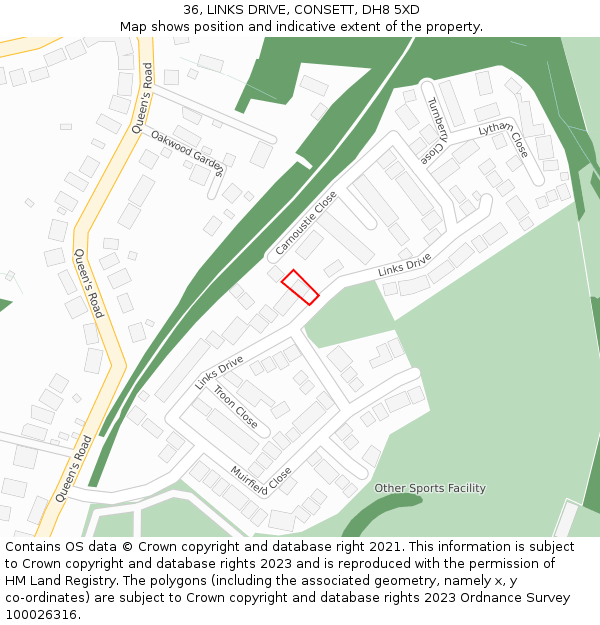 36, LINKS DRIVE, CONSETT, DH8 5XD: Location map and indicative extent of plot