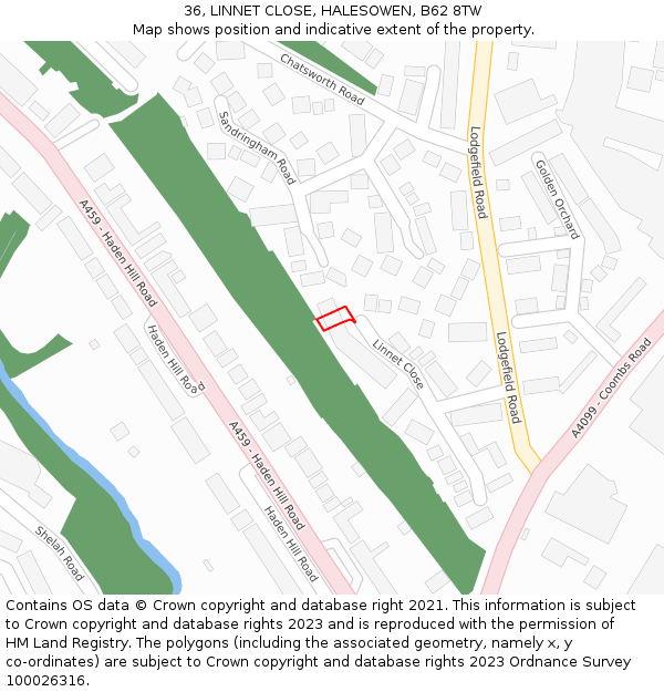 36, LINNET CLOSE, HALESOWEN, B62 8TW: Location map and indicative extent of plot