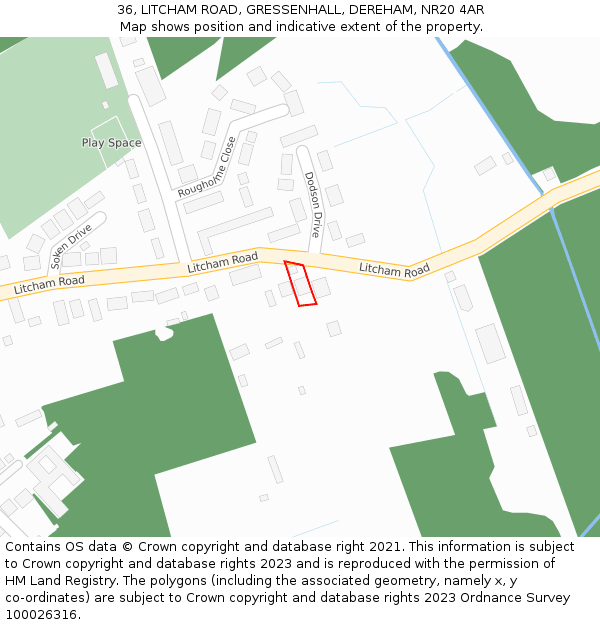 36, LITCHAM ROAD, GRESSENHALL, DEREHAM, NR20 4AR: Location map and indicative extent of plot