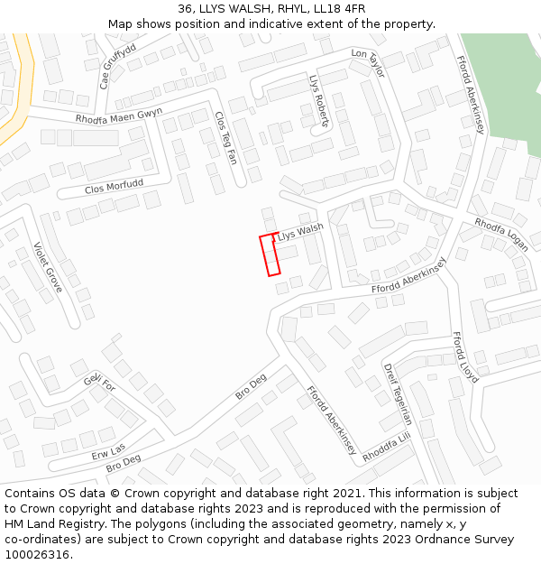 36, LLYS WALSH, RHYL, LL18 4FR: Location map and indicative extent of plot