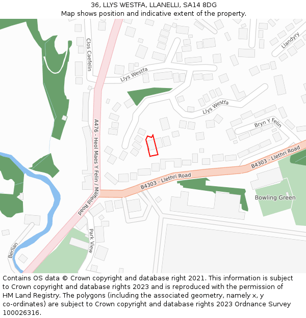 36, LLYS WESTFA, LLANELLI, SA14 8DG: Location map and indicative extent of plot