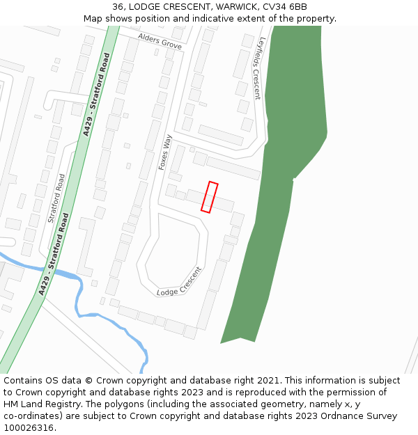 36, LODGE CRESCENT, WARWICK, CV34 6BB: Location map and indicative extent of plot