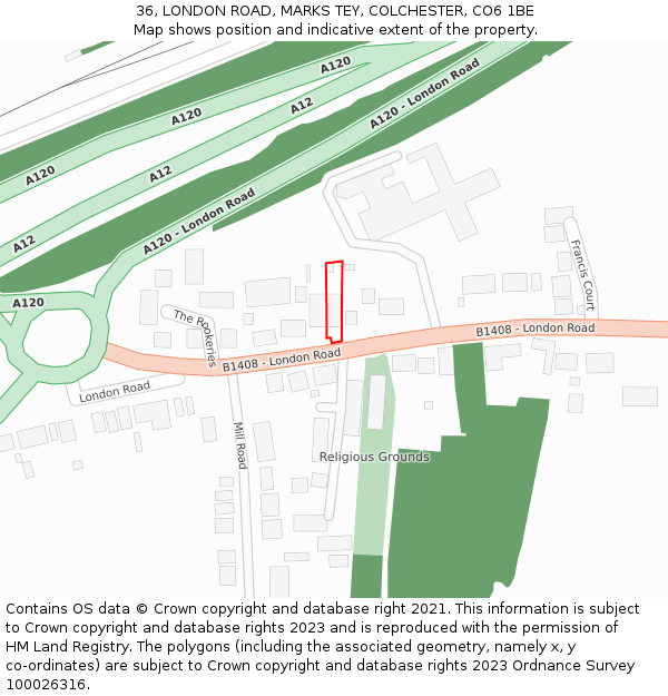 36, LONDON ROAD, MARKS TEY, COLCHESTER, CO6 1BE: Location map and indicative extent of plot