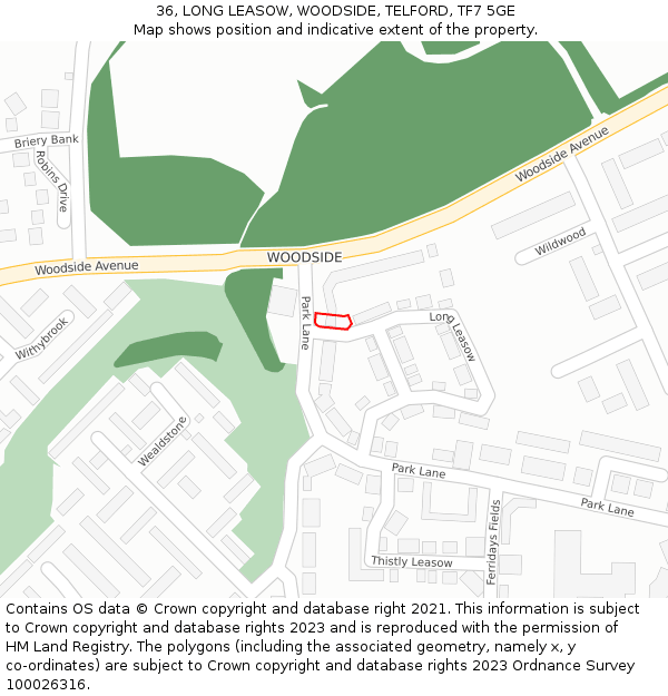 36, LONG LEASOW, WOODSIDE, TELFORD, TF7 5GE: Location map and indicative extent of plot