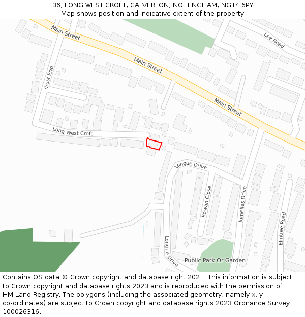 36, LONG WEST CROFT, CALVERTON, NOTTINGHAM, NG14 6PY: Location map and indicative extent of plot