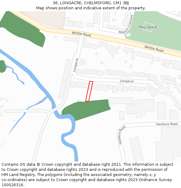 36, LONGACRE, CHELMSFORD, CM1 3BJ: Location map and indicative extent of plot