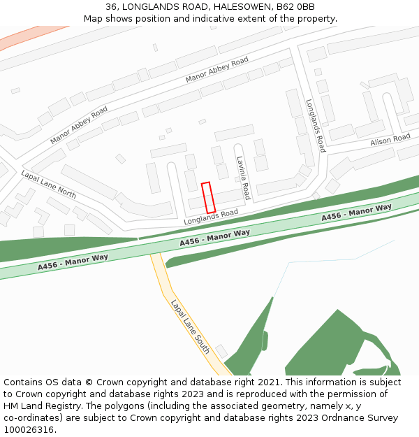 36, LONGLANDS ROAD, HALESOWEN, B62 0BB: Location map and indicative extent of plot