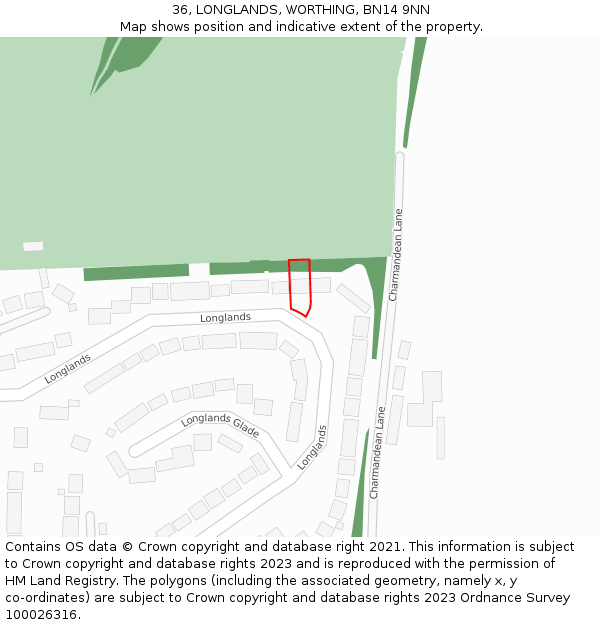 36, LONGLANDS, WORTHING, BN14 9NN: Location map and indicative extent of plot