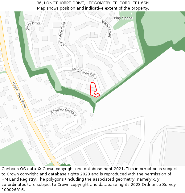 36, LONGTHORPE DRIVE, LEEGOMERY, TELFORD, TF1 6SN: Location map and indicative extent of plot