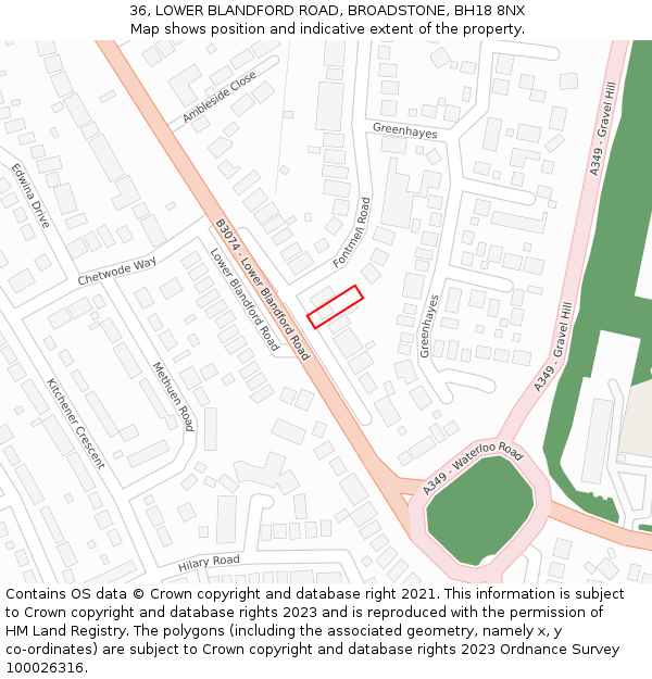 36, LOWER BLANDFORD ROAD, BROADSTONE, BH18 8NX: Location map and indicative extent of plot