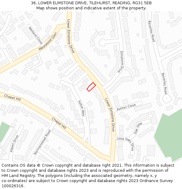 36, LOWER ELMSTONE DRIVE, TILEHURST, READING, RG31 5EB: Location map and indicative extent of plot