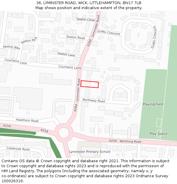 36, LYMINSTER ROAD, WICK, LITTLEHAMPTON, BN17 7LB: Location map and indicative extent of plot