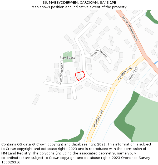 36, MAESYDDERWEN, CARDIGAN, SA43 1PE: Location map and indicative extent of plot
