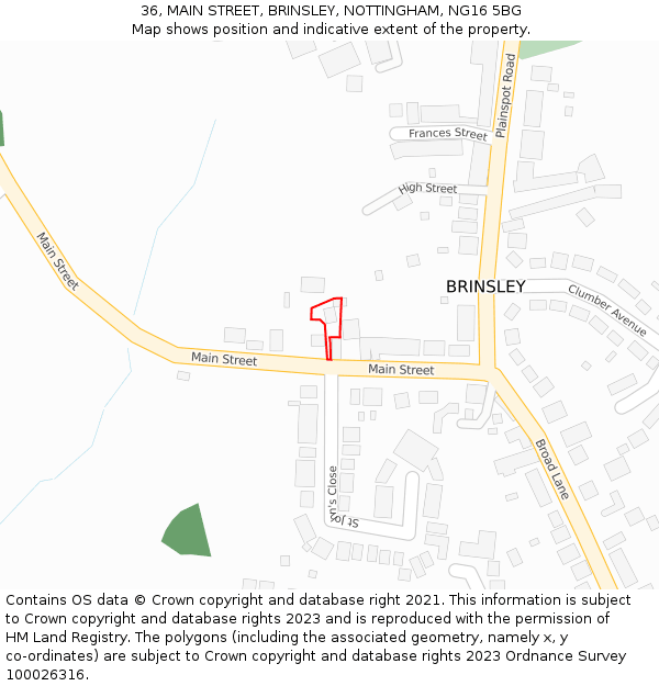 36, MAIN STREET, BRINSLEY, NOTTINGHAM, NG16 5BG: Location map and indicative extent of plot