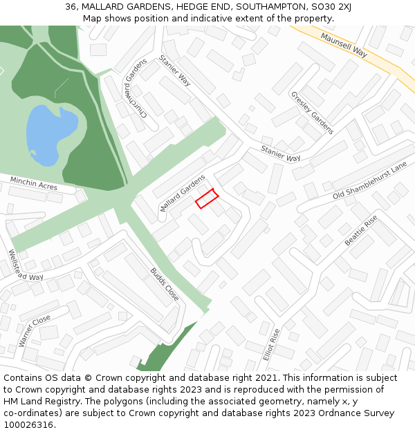 36, MALLARD GARDENS, HEDGE END, SOUTHAMPTON, SO30 2XJ: Location map and indicative extent of plot