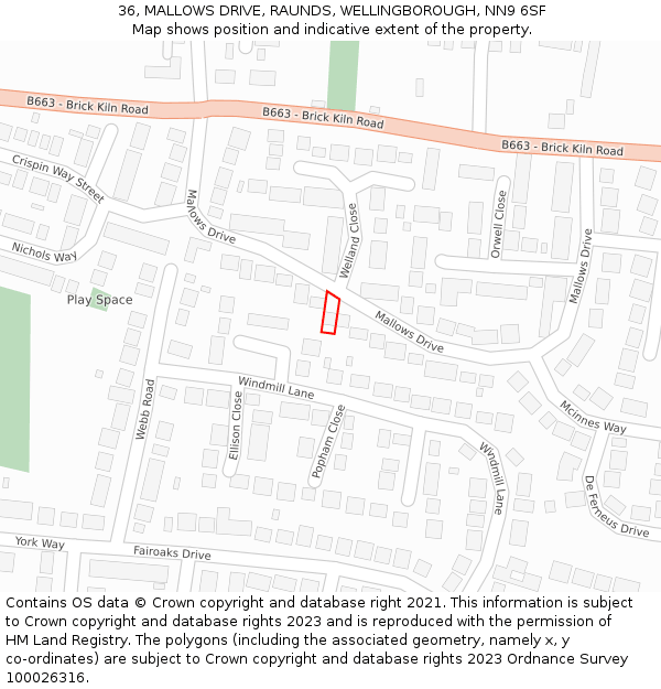 36, MALLOWS DRIVE, RAUNDS, WELLINGBOROUGH, NN9 6SF: Location map and indicative extent of plot