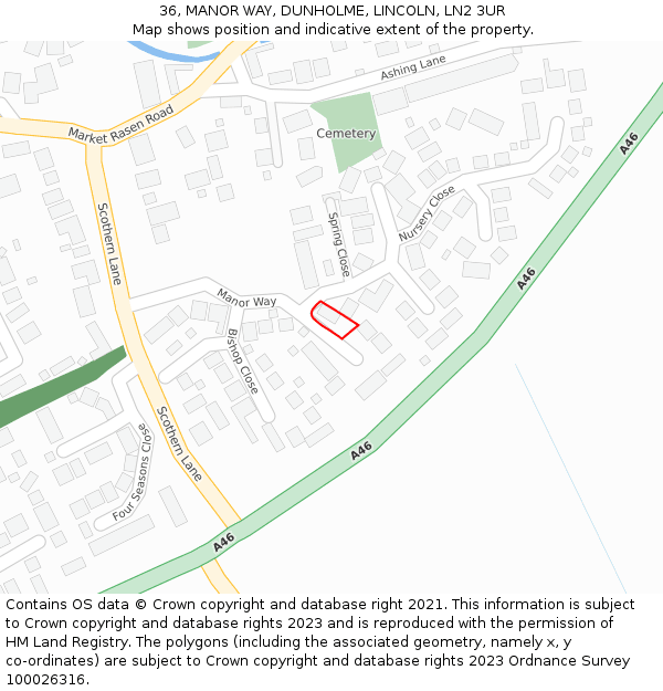 36, MANOR WAY, DUNHOLME, LINCOLN, LN2 3UR: Location map and indicative extent of plot