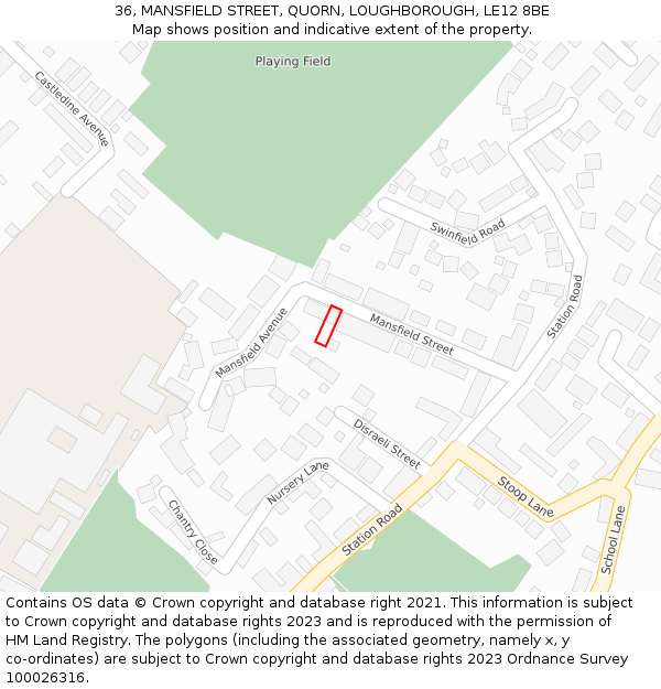 36, MANSFIELD STREET, QUORN, LOUGHBOROUGH, LE12 8BE: Location map and indicative extent of plot