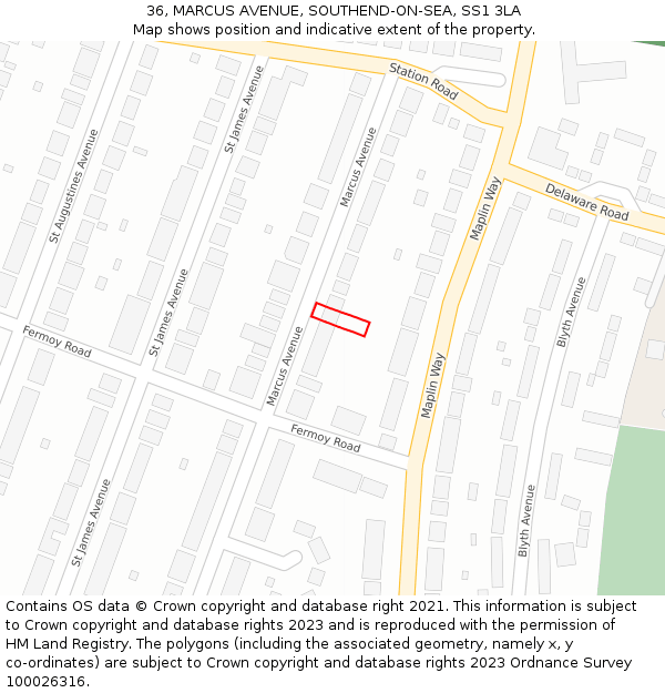 36, MARCUS AVENUE, SOUTHEND-ON-SEA, SS1 3LA: Location map and indicative extent of plot