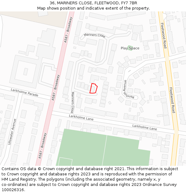 36, MARINERS CLOSE, FLEETWOOD, FY7 7BR: Location map and indicative extent of plot