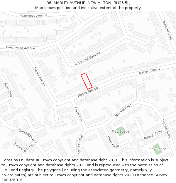 36, MARLEY AVENUE, NEW MILTON, BH25 5LJ: Location map and indicative extent of plot