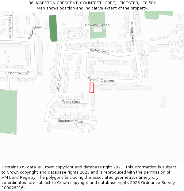 36, MARSTON CRESCENT, COUNTESTHORPE, LEICESTER, LE8 5PY: Location map and indicative extent of plot