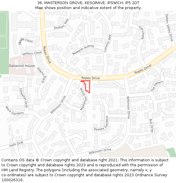 36, MASTERSON GROVE, KESGRAVE, IPSWICH, IP5 2DT: Location map and indicative extent of plot