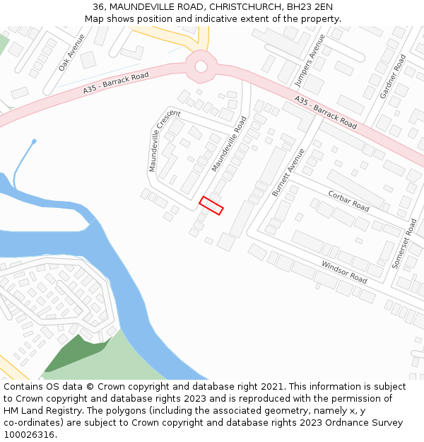 36, MAUNDEVILLE ROAD, CHRISTCHURCH, BH23 2EN: Location map and indicative extent of plot