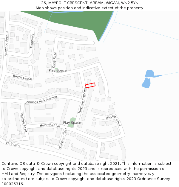 36, MAYPOLE CRESCENT, ABRAM, WIGAN, WN2 5YN: Location map and indicative extent of plot