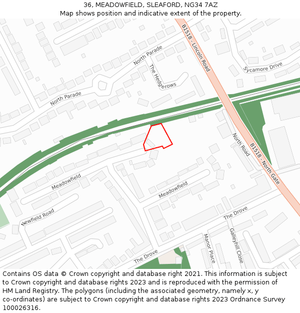 36, MEADOWFIELD, SLEAFORD, NG34 7AZ: Location map and indicative extent of plot