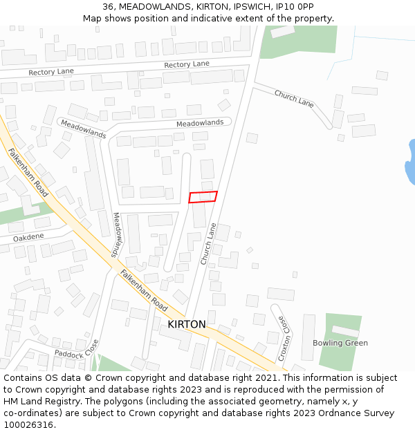 36, MEADOWLANDS, KIRTON, IPSWICH, IP10 0PP: Location map and indicative extent of plot
