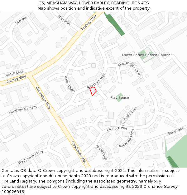 36, MEASHAM WAY, LOWER EARLEY, READING, RG6 4ES: Location map and indicative extent of plot