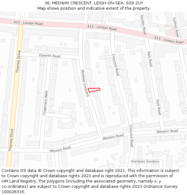 36, MEDWAY CRESCENT, LEIGH-ON-SEA, SS9 2UY: Location map and indicative extent of plot