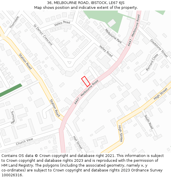 36, MELBOURNE ROAD, IBSTOCK, LE67 6JS: Location map and indicative extent of plot