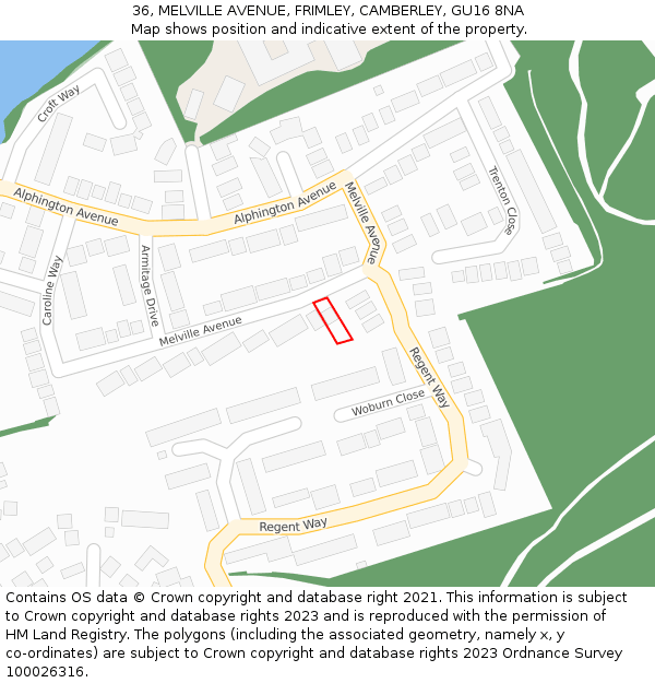 36, MELVILLE AVENUE, FRIMLEY, CAMBERLEY, GU16 8NA: Location map and indicative extent of plot