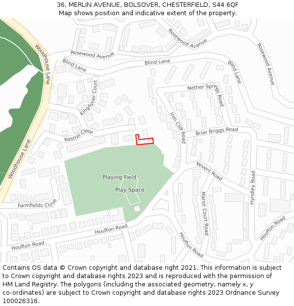 36, MERLIN AVENUE, BOLSOVER, CHESTERFIELD, S44 6QF: Location map and indicative extent of plot